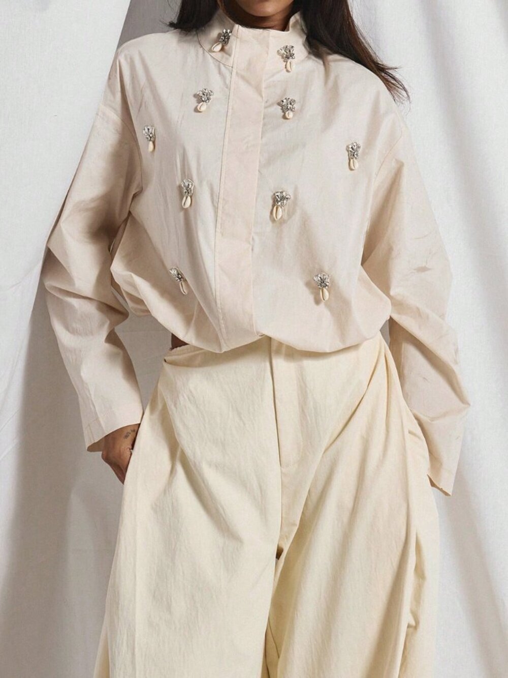 Khaki Elegant Women's High Neck Zip Shirt with Crystal Embellishments